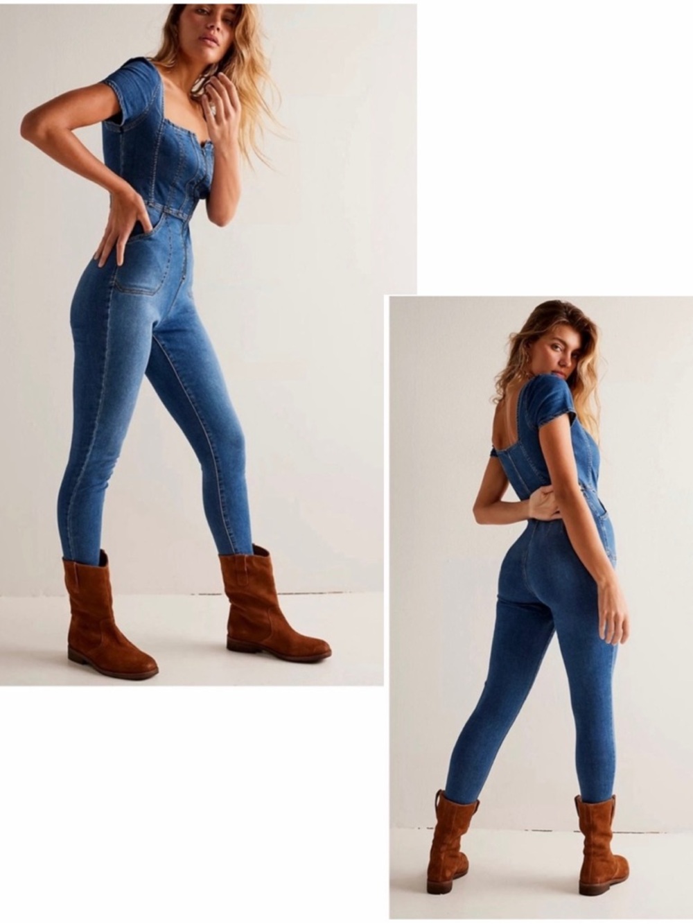 FREE PEOPLE CRVY Medium Wash Selena Slim Leg One-Piece Jumpsuit XS